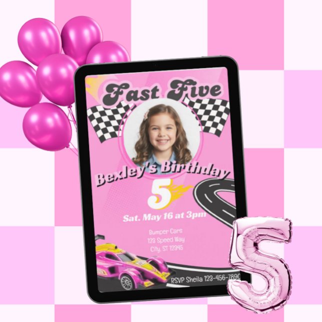 Fast Five, Picture Pink Racing 5th Birthday Invitation (Creator Uploaded)