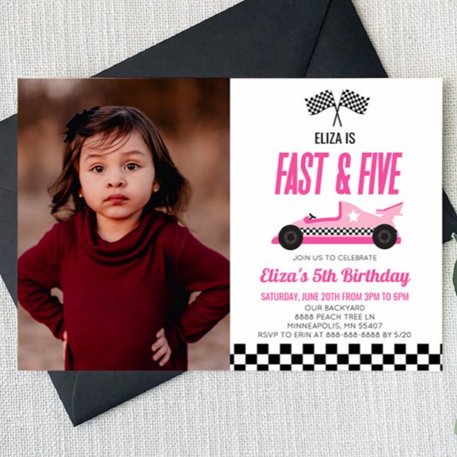 Fast & Five Pink Race Car 5th Birthday Party Invitation (Creator Uploaded)