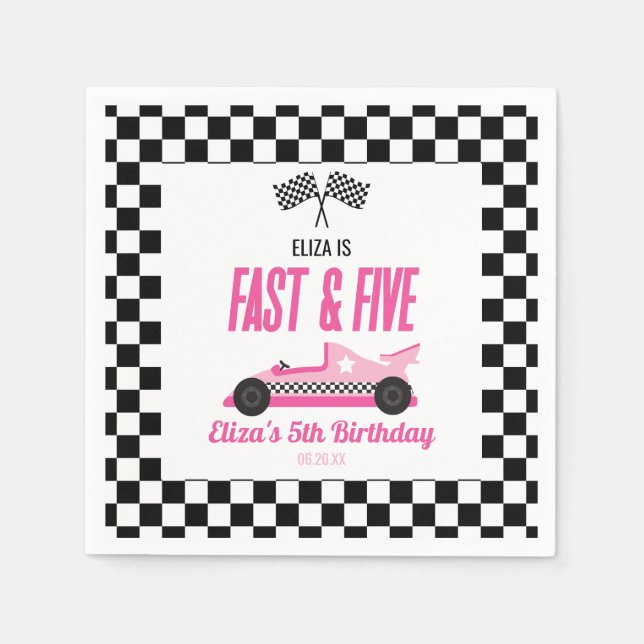 Fast & Five Pink Race Car 5th Birthday Party Napkin (Front)