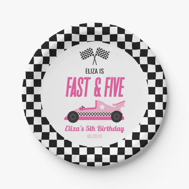 Fast & Five Pink Race Car 5th Birthday Party Paper Plate (Front)