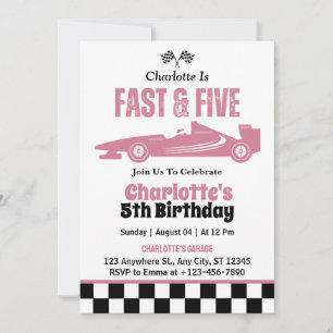 Fast & Five Race Car Gir 5th Birthday Party  Invitation