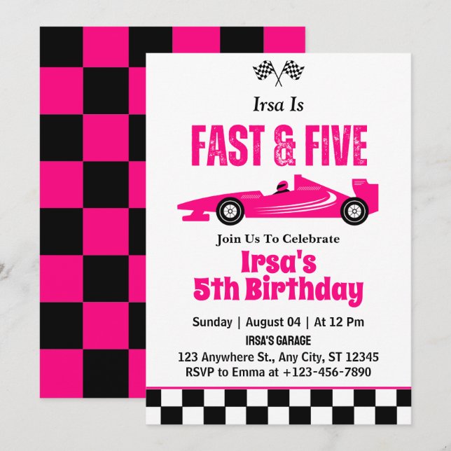 Fast & Five Race Car Girl 5th Birthday Party  Invitation (Front/Back)