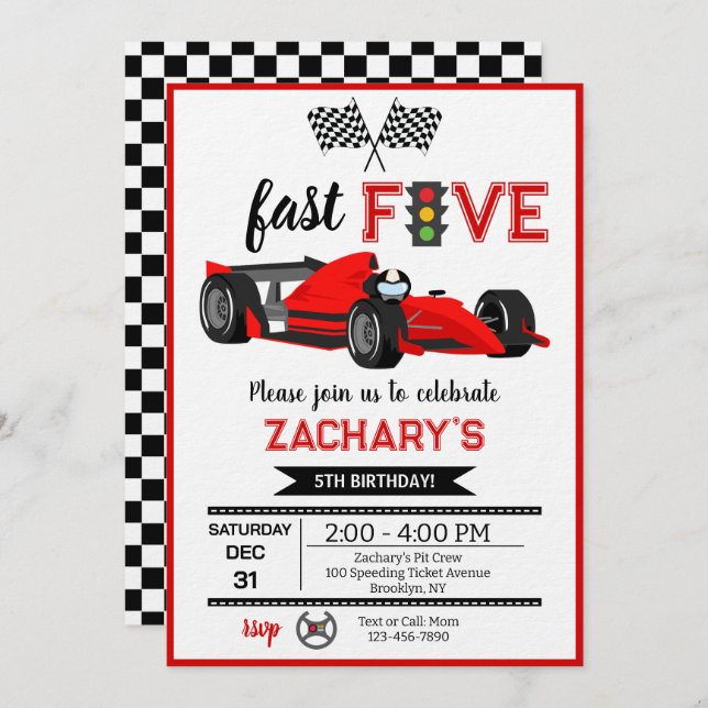 Fast & Five Red Flame Race Car 5th Birthday Party Invitation (Front/Back)
