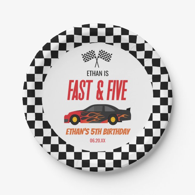 Fast & Five Red Flame Race Car 5th Birthday Party Paper Plate (Front)