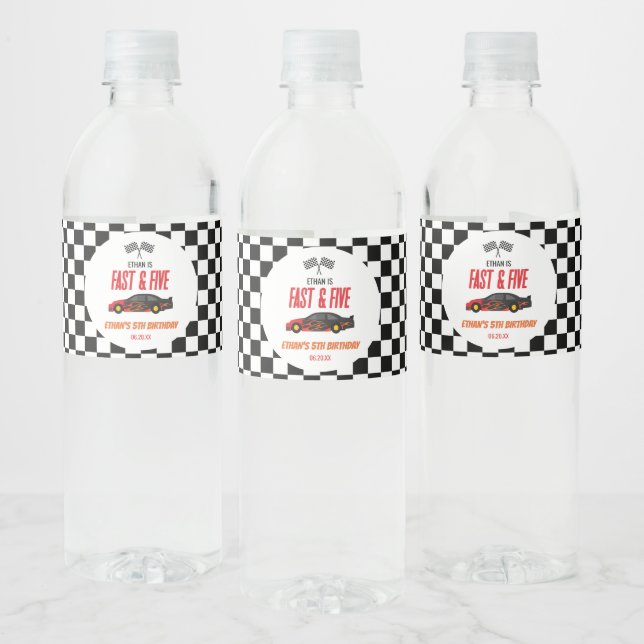 Fast & Five Red Flame Race Car 5th Birthday Party Water Bottle Label (Bottles)