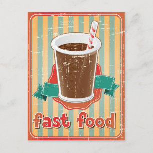 Fast food background with drink in retro style postcard