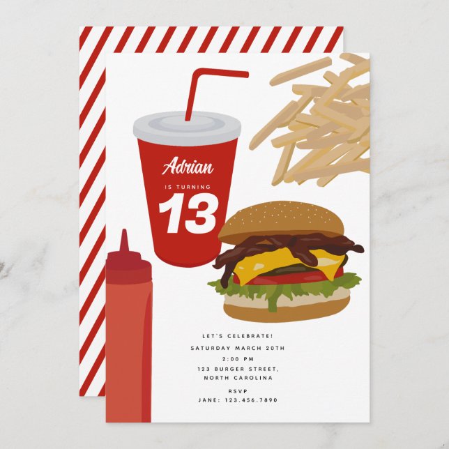 Fast Food Burger Fries BBQ Birthday  Invitation (Front/Back)