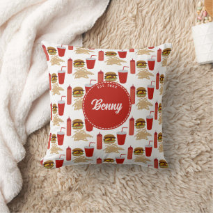 Fast Food Burger Fries Pattern Monogram Cushion