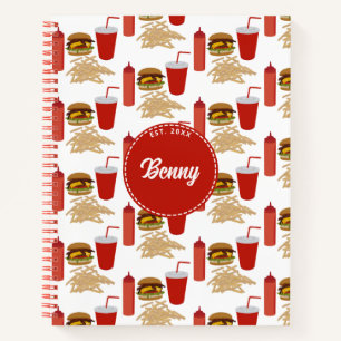 Fast Food Burger Fries Pattern Monogram Notebook