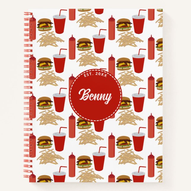 Fast Food Burger Fries Pattern Monogram Notebook (Front)