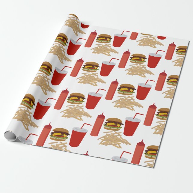 Fast Food Burger Fries Pattern Wrapping Paper (Unrolled)