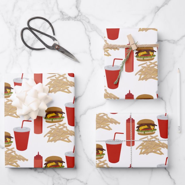 Fast Food Burger Fries Pattern Wrapping Paper Sheet (Front)