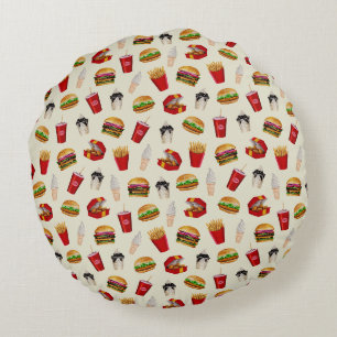 Fast Food Burgers, Fries, Sundaes Round Cushion