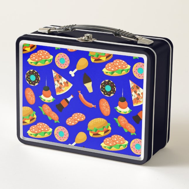 Fast Food Frenzy Blue Metal Lunch Box (Front)