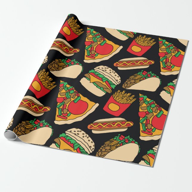 fast food pizza burger hotdog french fries tacos s wrapping paper (Unrolled)