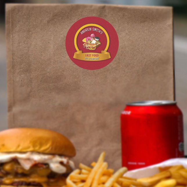 Fast Food Restaurant Custom Logo Name and Icons   Classic Round Sticker (Creator Uploaded)