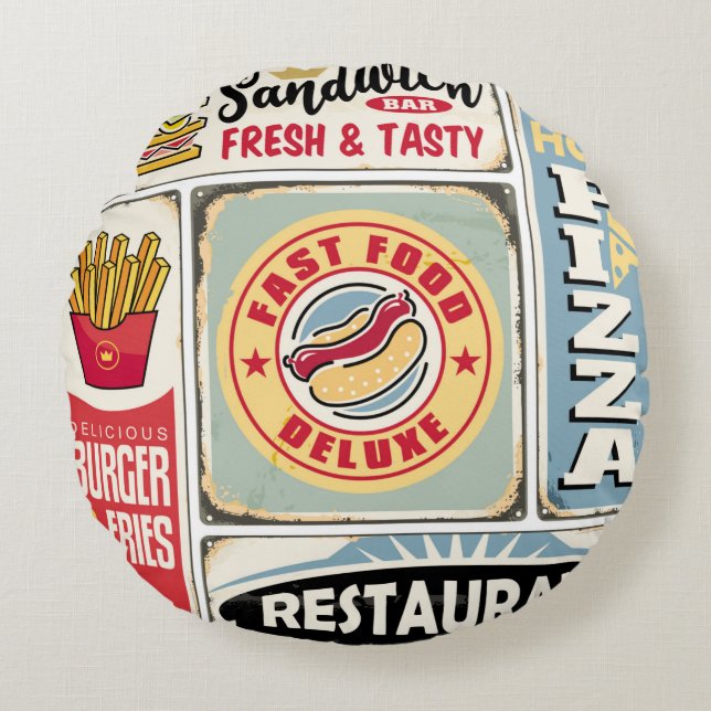 Fast food restaurants and diners retro signs colle round cushion (Front)