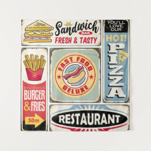 Fast food restaurants and diners retro signs colle tapestry