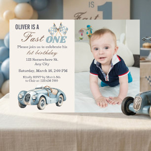 Fast One 1st Birthday Blue Race Car Boy Photo  Invitation