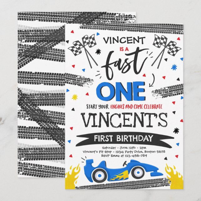 Fast One 1st Birthday Party Blue Race Car Fast One Invitation (Front/Back)