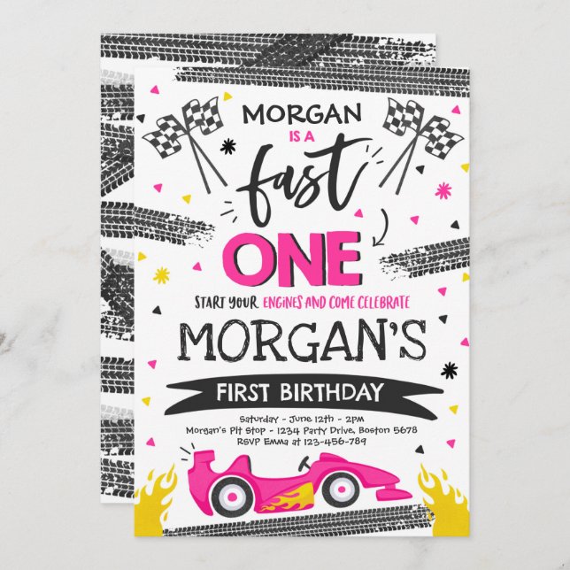 Fast One 1st Birthday Party Pink Race Car Fast One Invitation (Front/Back)