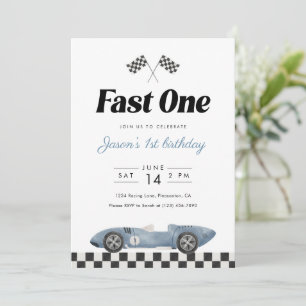 Fast One 1st Birthday Vintage Race Car Watercolor  Invitation