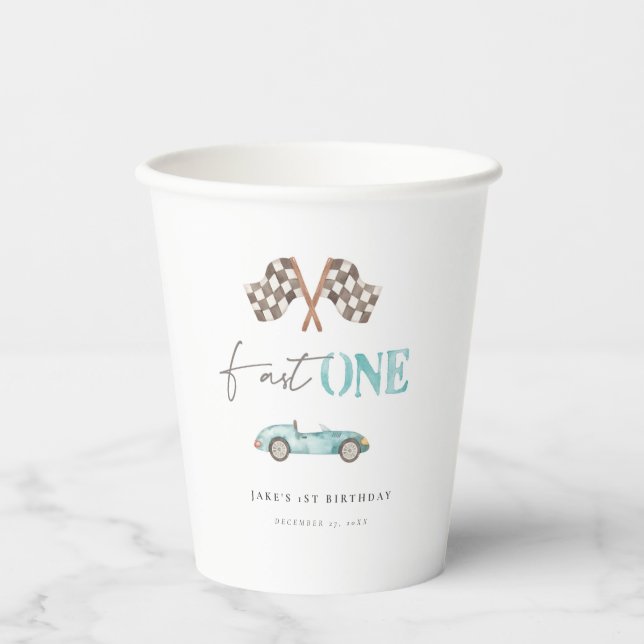 "Fast One" Adorable Retro Race Car  Paper Cups (Front)