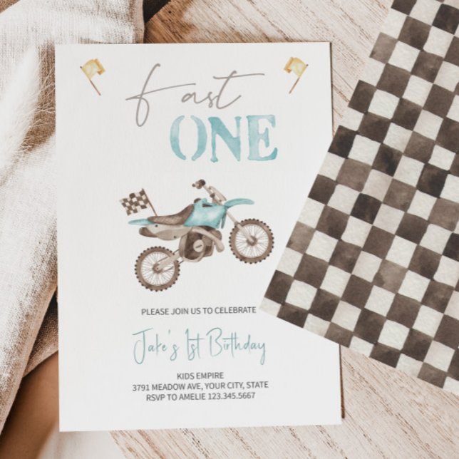 Fast ONE Baby Blue Dirt Bike Birthday Invitation  (Creator Uploaded)