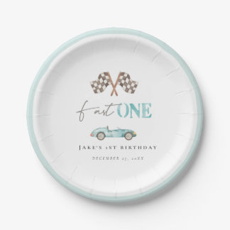 Fast ONE Baby Blue Retro Race Car Paper Plates