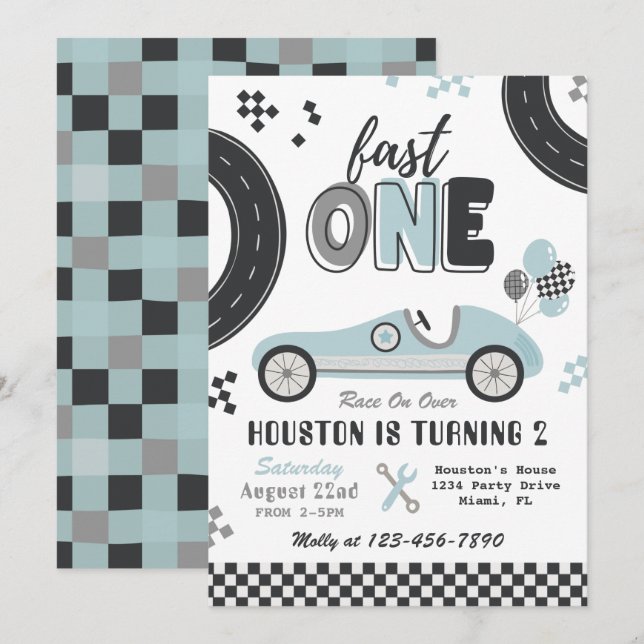 Fast ONE Birthday Invitation | Vintage Racing (Front/Back)