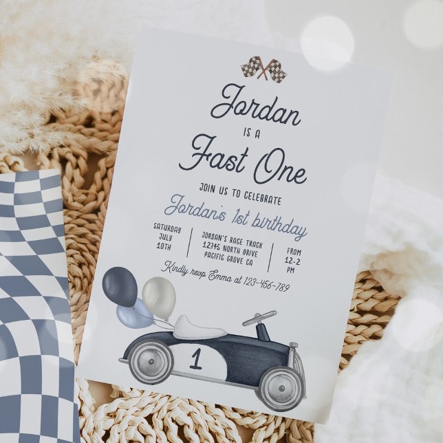 Fast One Birthday Party Blue Race Car 1st Birthday Invitation (Creator Uploaded)