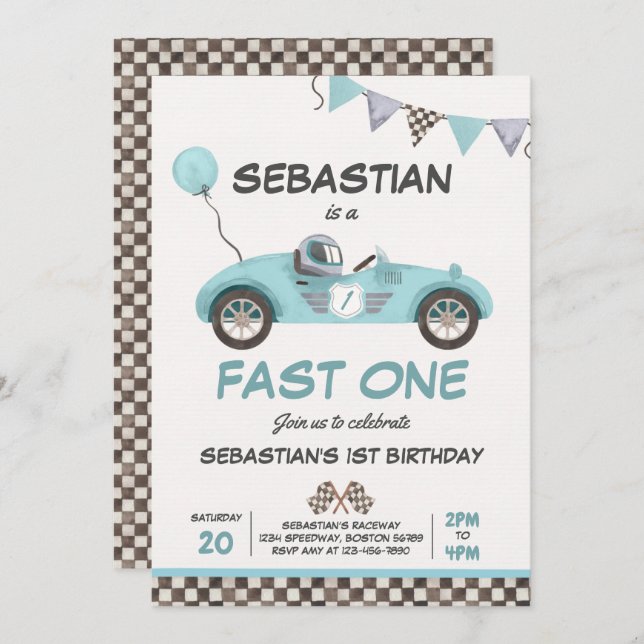 Fast One Birthday Party Blue Race Car 1st Birthday Invitation (Front/Back)