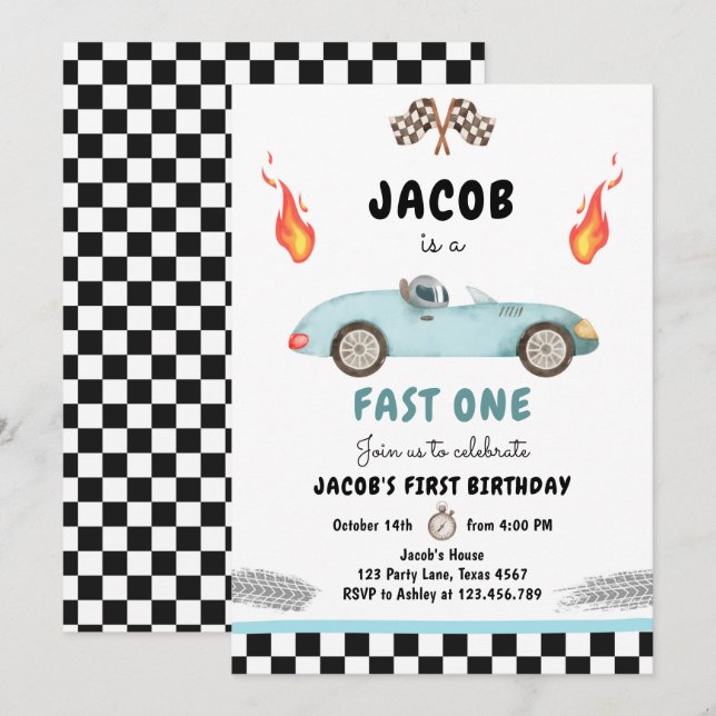 Fast One Birthday Party Race Car Blue 1st Birthday Invitation (Front/Back)