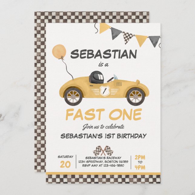 Fast One Birthday Party Yellow Race Car Birthday Invitation (Front/Back)