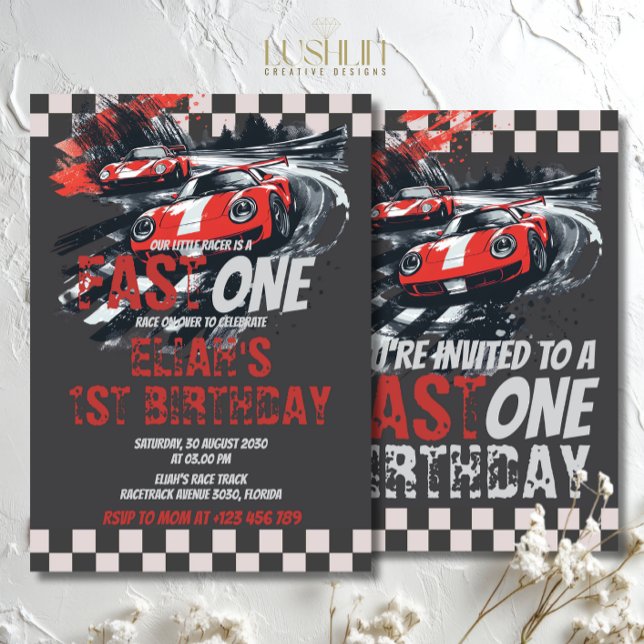 Fast One Birthday Race Car Track Party Red Invitation (Creator Uploaded)