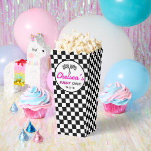 Fast ONE   Black White Pink Race Car Flags Popcorn Favour Box