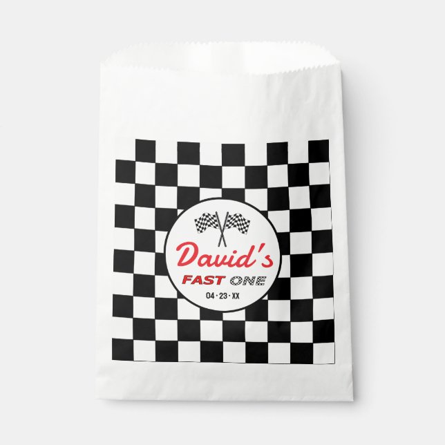 Fast ONE | Black White Race Car Flags Birthday  Favour Bags (Front)