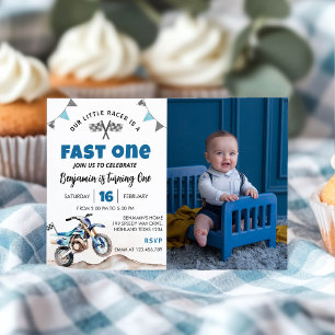 Fast One Blue Dirt Bike Birthday Party Photo Invitation