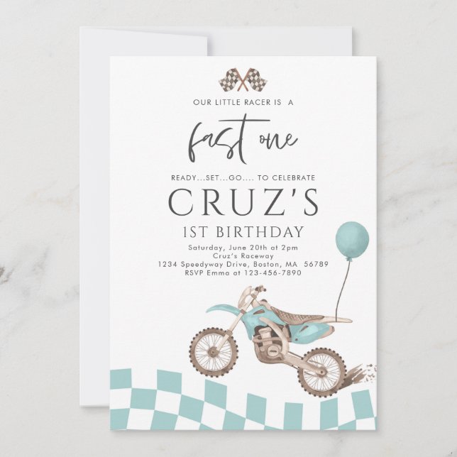 Fast One Blue Dirt Bike Boy 1st Birthday Party  Invitation (Front)