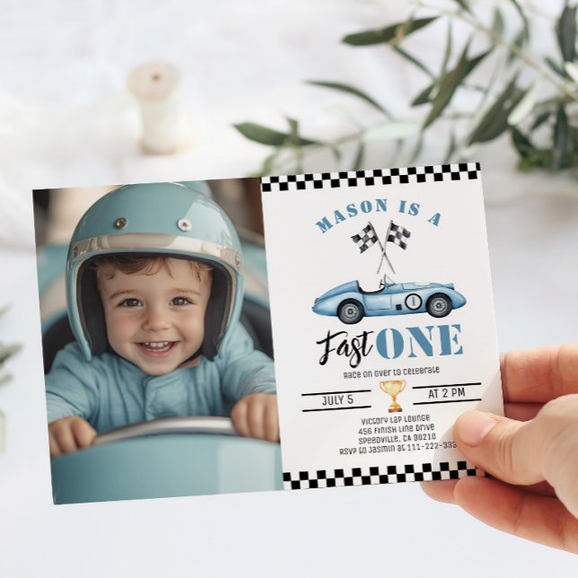 Fast One Blue Photo Race car Boy 1st Birthday Invitation (Creator Uploaded)