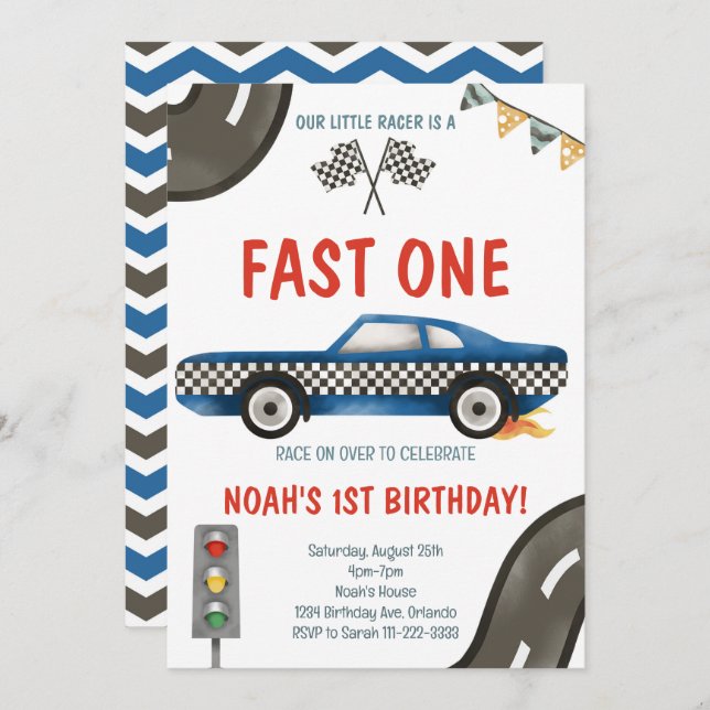 Fast One Blue Race Car 1st Birthday Invitation (Front/Back)