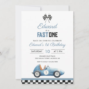 Fast One Blue Race Car 1st Birthday Invitation