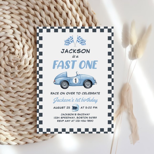 Fast One Blue Race Car 1st Birthday Invitation (Creator Uploaded)