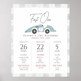 Fast One Blue Race Car 1st Birthday Milestone Poster