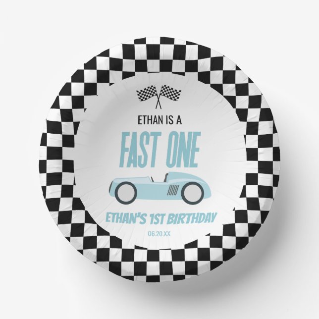Fast One Blue Race Car 1st Birthday Party Paper Plate (Front)
