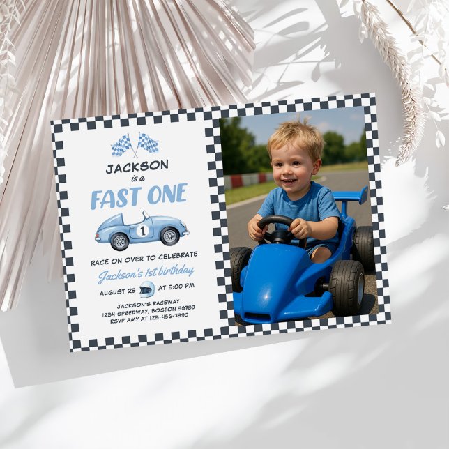 Fast One Blue Race Car 1st Birthday Photo Invitation (Creator Uploaded)