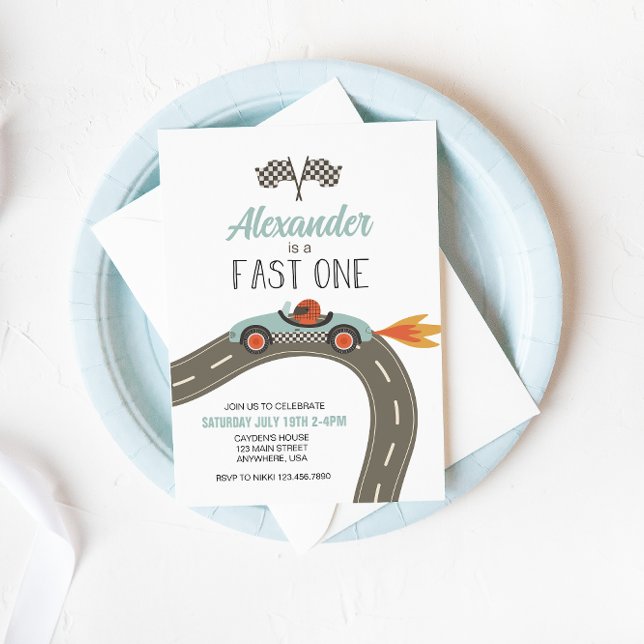 Fast One blue Race Car Birthday Invitation (Creator Uploaded)