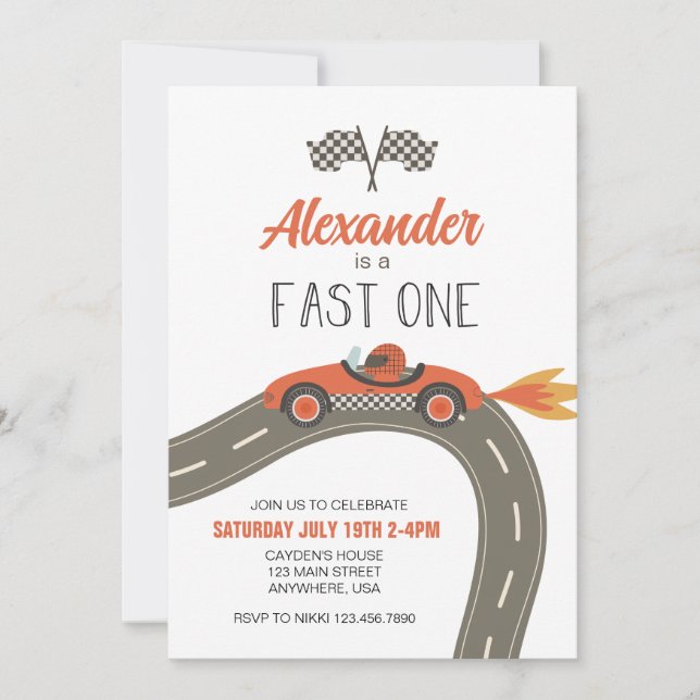 Fast One blue Race Car Birthday Invitation (Front)