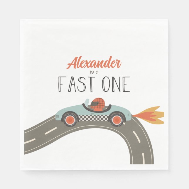 Fast One blue Race Car Birthday Napkin (Front)