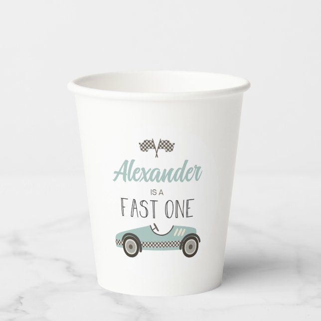 Fast One blue Race Car Birthday Paper Cups (Front)